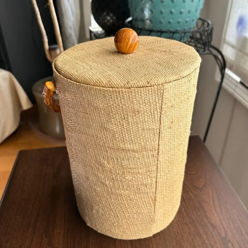 Vintage Mid-Century Modern Tall Grass Cloth Ice Bucket with Bamboo Handle
